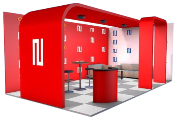 A vivid exhibition stall booth in bright red, featuring tall back walls and vertical side panels. The setup offers an open frontal view into the booth area, which includes a modern high table or podium in red at the center and a seating area along the rear wall. The floor has a grid-style pattern in neutral tones, contrasting with the vivid red structure.